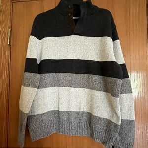 💣 Large, Chaps Men's Black and Gray Striped Button Up Sweater, w/ribbed cuffs